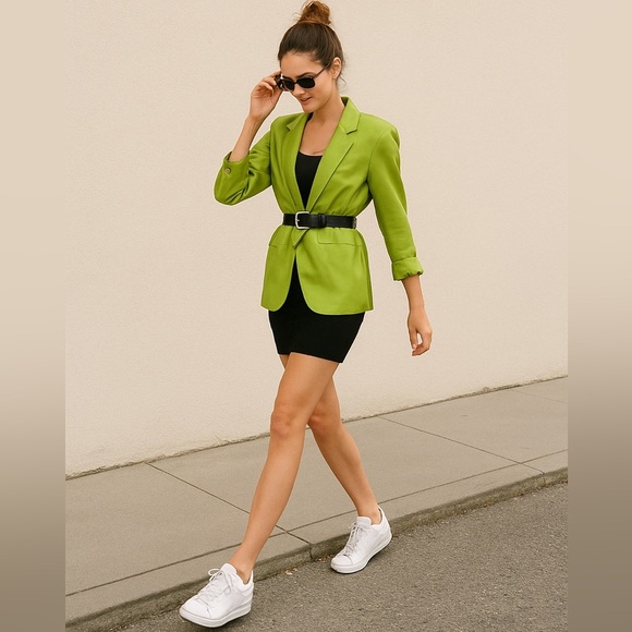 Vintage Silk Oversized 90s Y2K Lime Green Blazer S - Picture 1 of 12